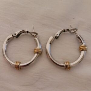 Vintage Crown Trifari Hoops Earrings, Silver Tone Glossy Hoop Earrings goldtone